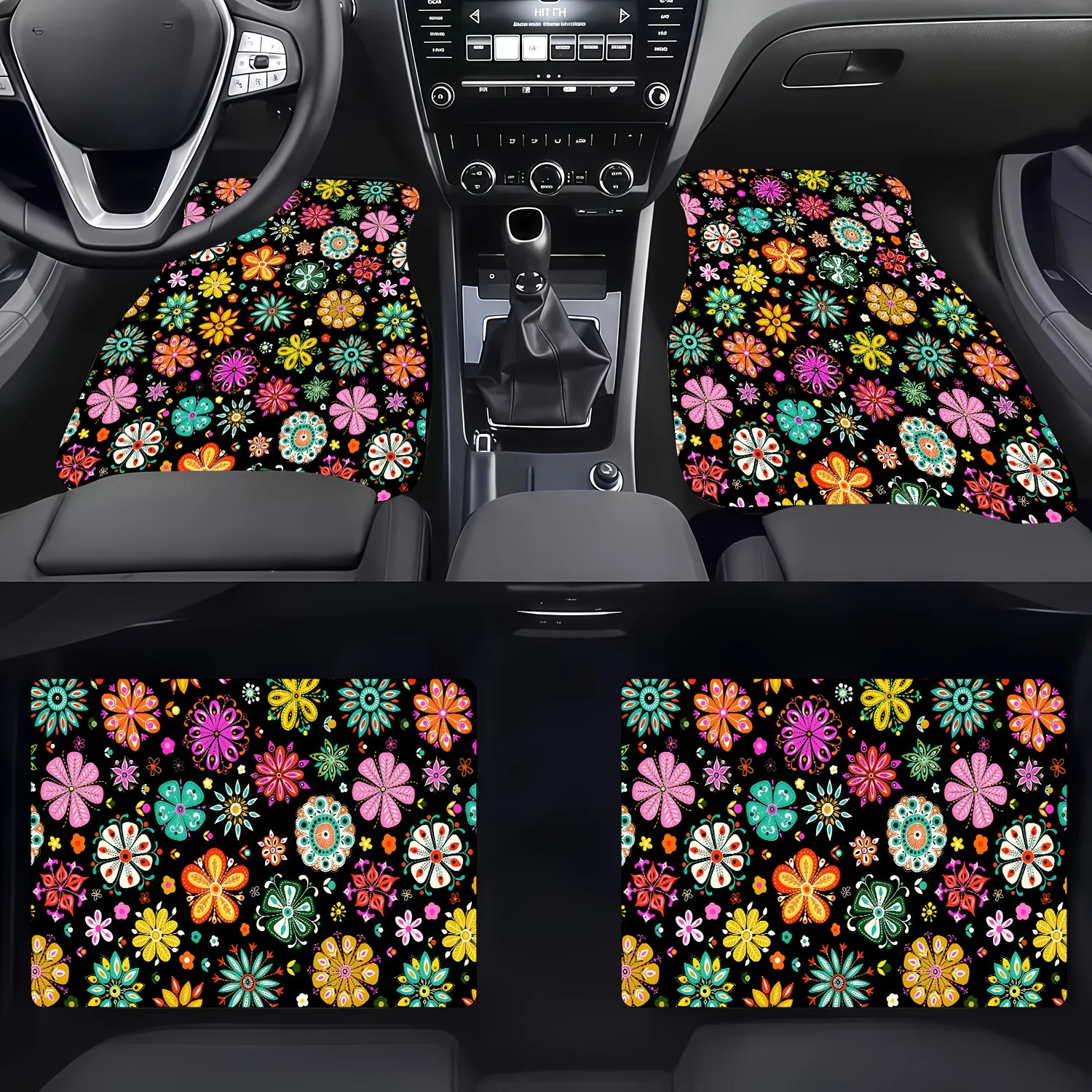 4pcs Boho Flora Car Floor Mats  Vibrant Mats Universal Fit | Whimsical & Durable  Easy Clean Auto Interior Accessories