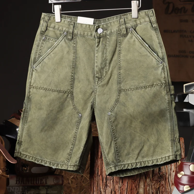 

American fashion brand washed retro military green workwear casual shorts for men's summer heavyweight fashion denim pants