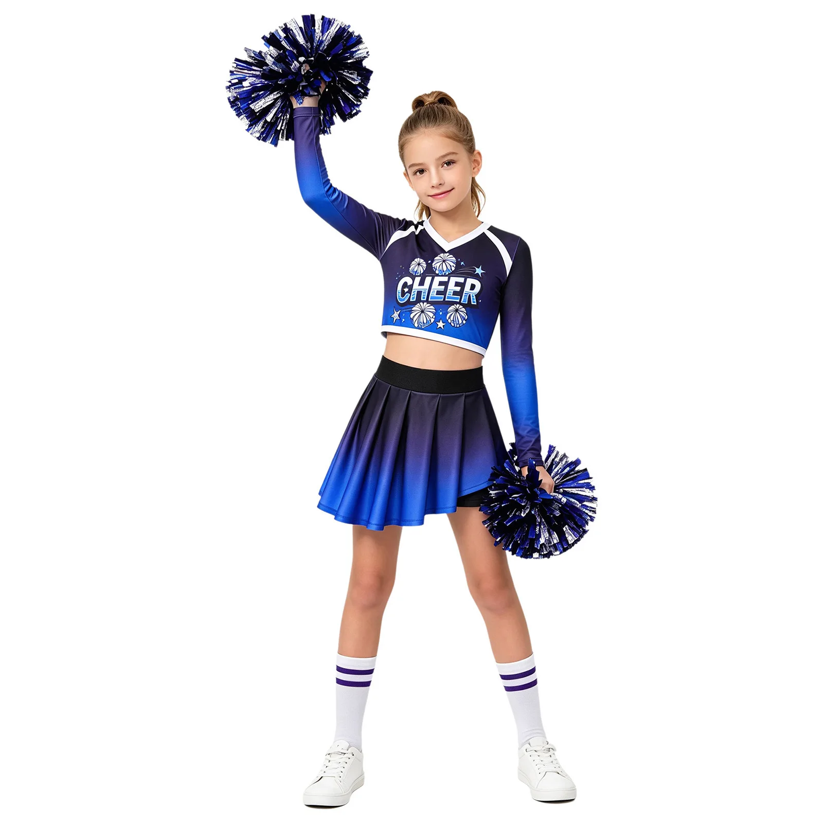 Cheerleader-Kostüm für Mädchen mit Farbverlauf, CHEER-Buchstabendruck, langärmeliges Crop-Top mit V-Ausschnitt, asymmetrischer Rock, Kinder-Cheerleading-Uniform – Detail 13