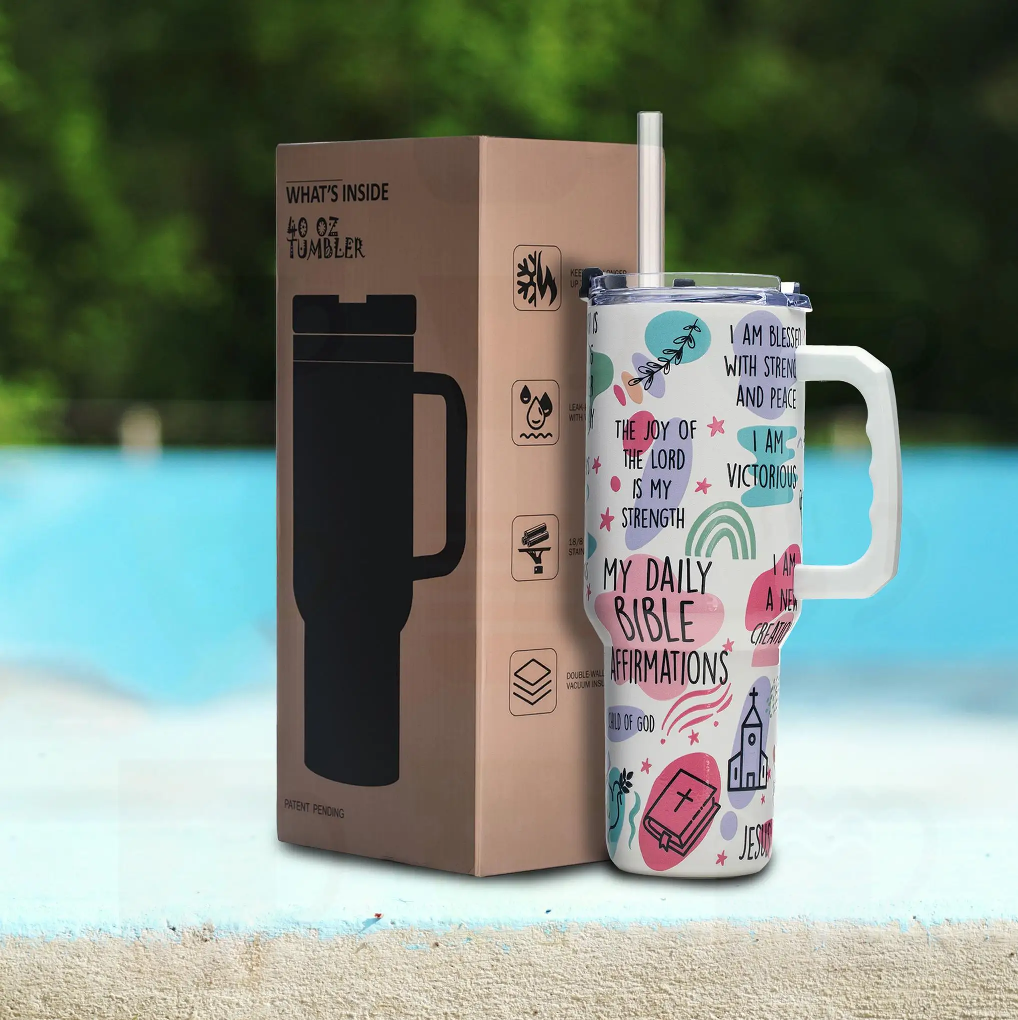 

40oz Faith-Based Stainless Steel Tumbler with Affirmation Graphics, Vacuum Insulated Mug with Wide Mouth and Handle