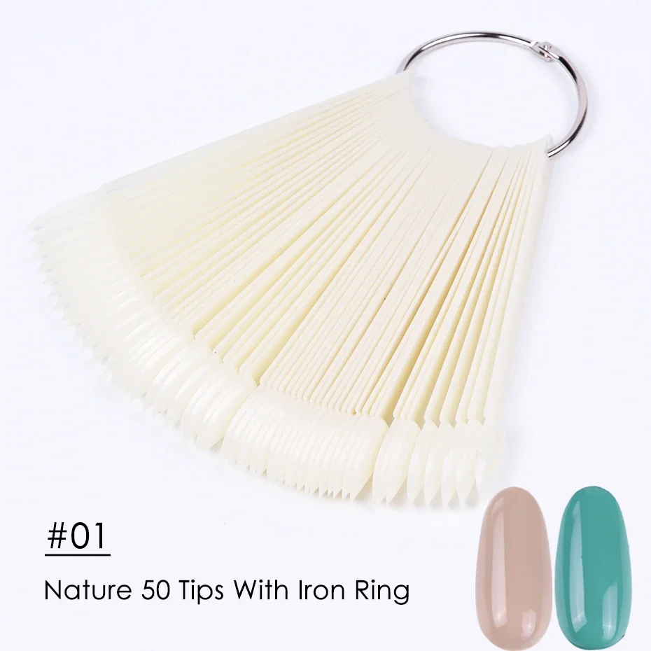 50pcs False Nail Display Tips Clear Nature Color Chart Oval Fan Style UV Gel Polish Swatch Shows Palette Practice Manicure Tools