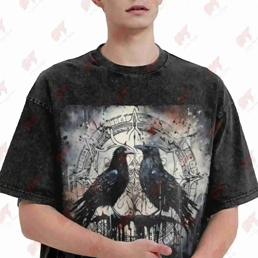 Viking Ravens Hugin Munin Norse Vintage Washed Tee Pure Cotton T-Shirt
