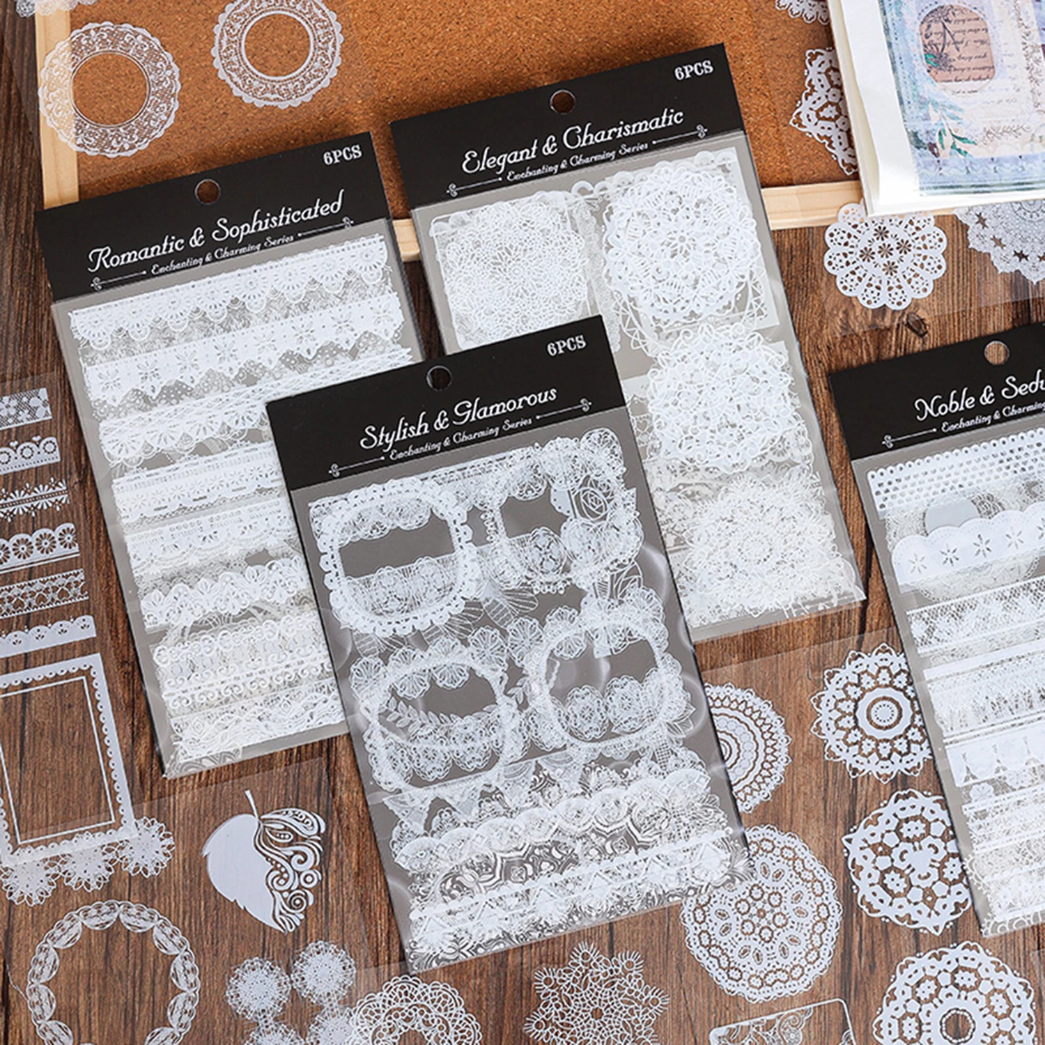 6pcs White Lace Floral Pattern Stickers,Transparent Waterproof PET Stickers - For Stationery Scrapbook Decoration,A Gift For Pal
