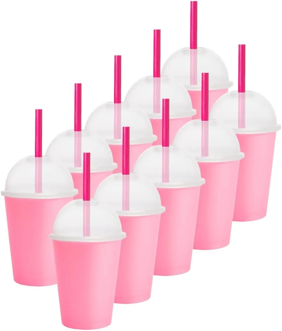 10, 20 o 50 Vasos Reutilizables con Popote y Tapa, 12 Oz, Tipo Domo para Frappés