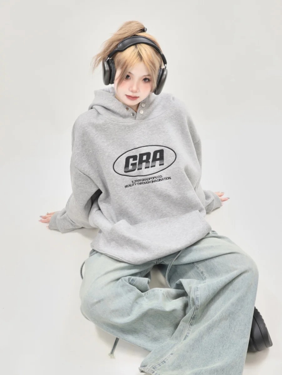 American Style Oversize Grey Sweatshirt Women's Spring Autumn Hoodie Jacket Top Gradpopu Brand Heavyweight Custom Design