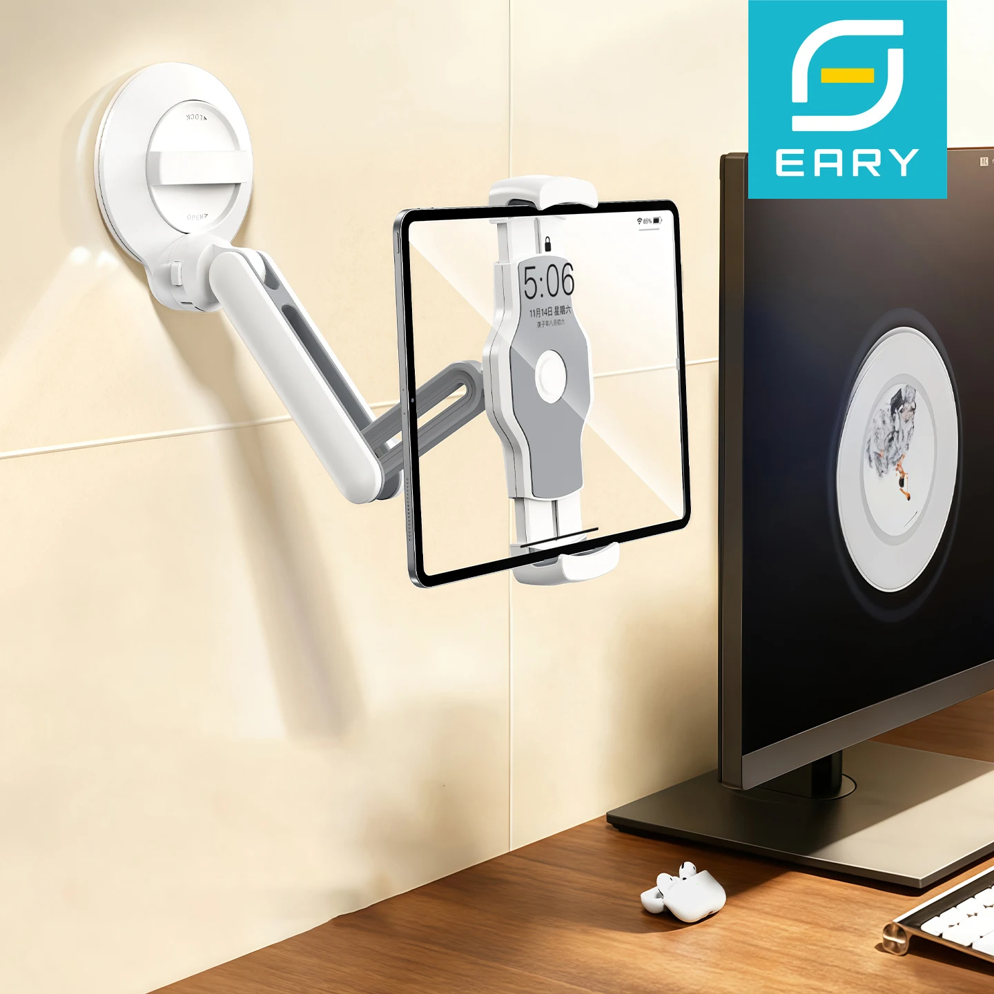 Eary for iPad Wall Mount with Suction Cup Phone Tablet Stand Holder for iPad Mini Pro Air for Galaxy Tab for 4.7-12.9