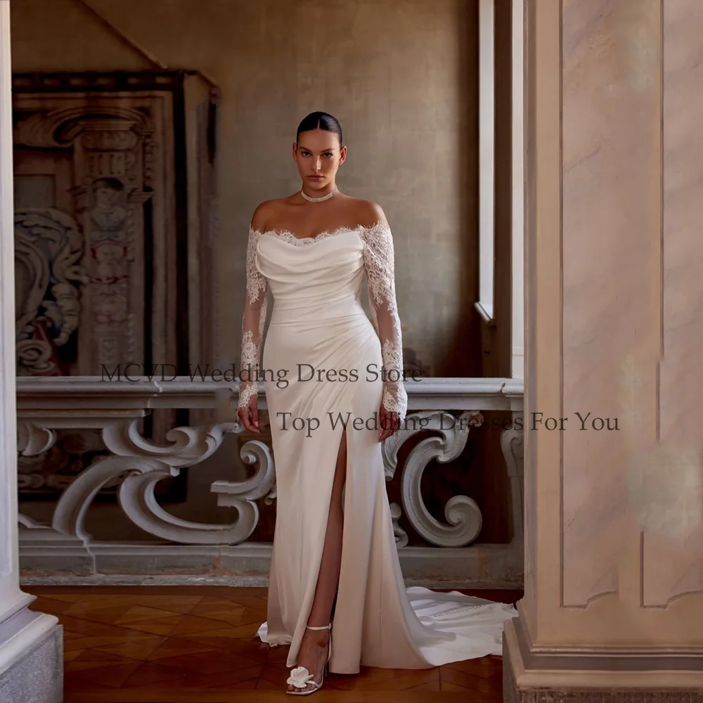 

MCDV Атласные свадебные платья больших размеров Русалка Кружева с длинным рукавом Разделенные платья невесты без бретелек Элегантное платье de noiva по индивидуальному заказу