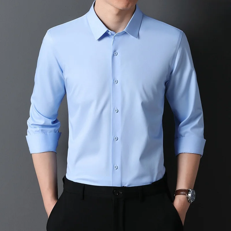 Bamboo Fiber Anti-Wrinkle Mens Shirts Long Sleeve Dress Shirts For Slim Fit Camisa Social Business Blouse White Shirt Blue S-8XL