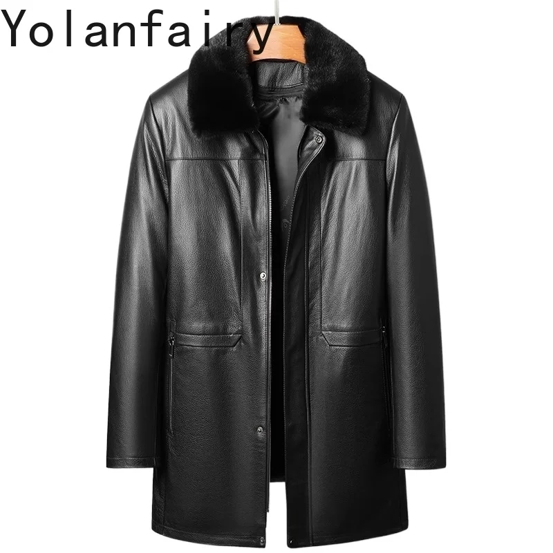 

YOLANFAIRY Top Layer Cowhide Coat Men Winter Genuine Leather Jacket Man Lake Wool Liner Fur Coat Mink Collar Mid-length Outwears