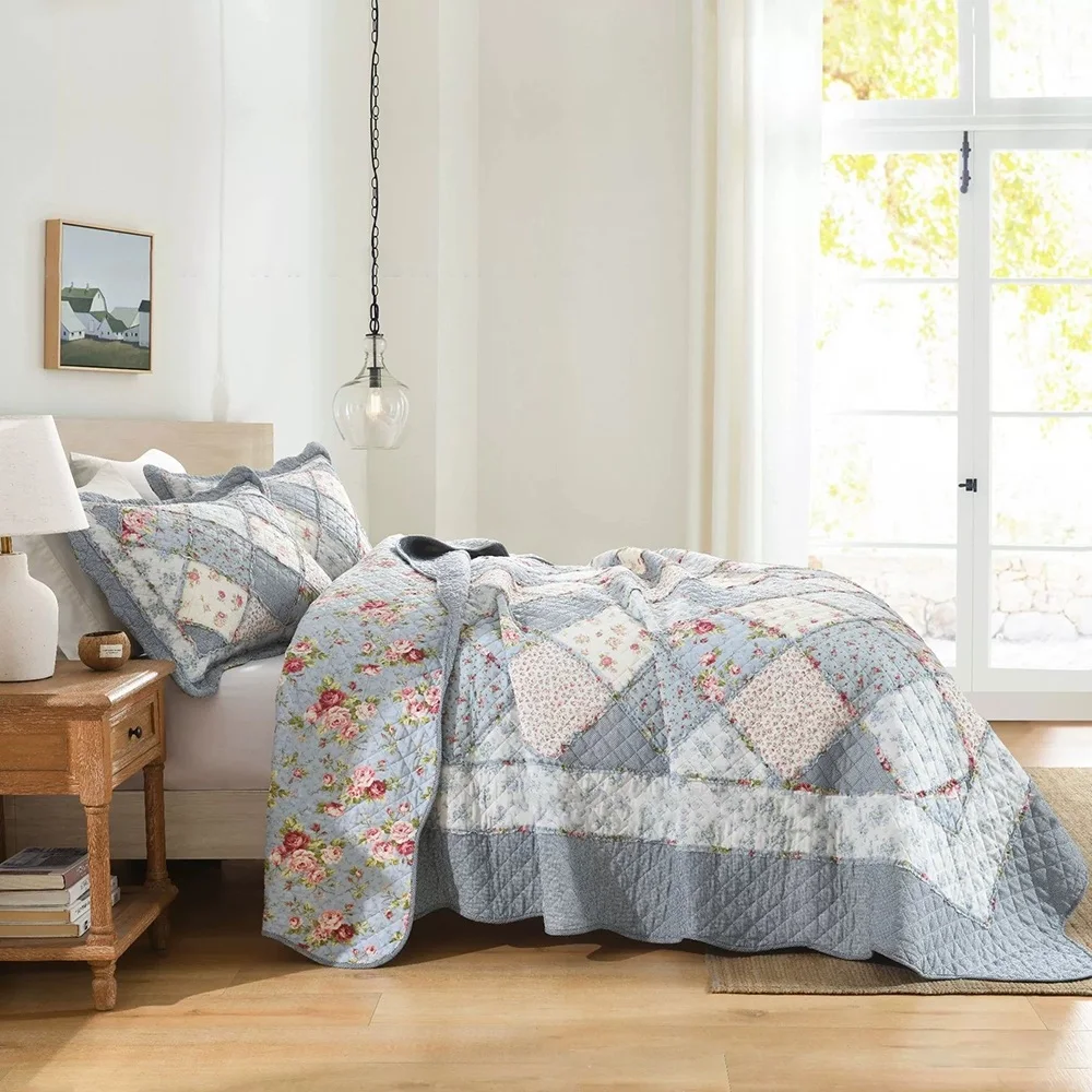 Farm Style Patchwork Quilt, 100% Cotton Blue Euro Design Summer Bedding Set, 3-Piece Bedspread Set, Home Decor