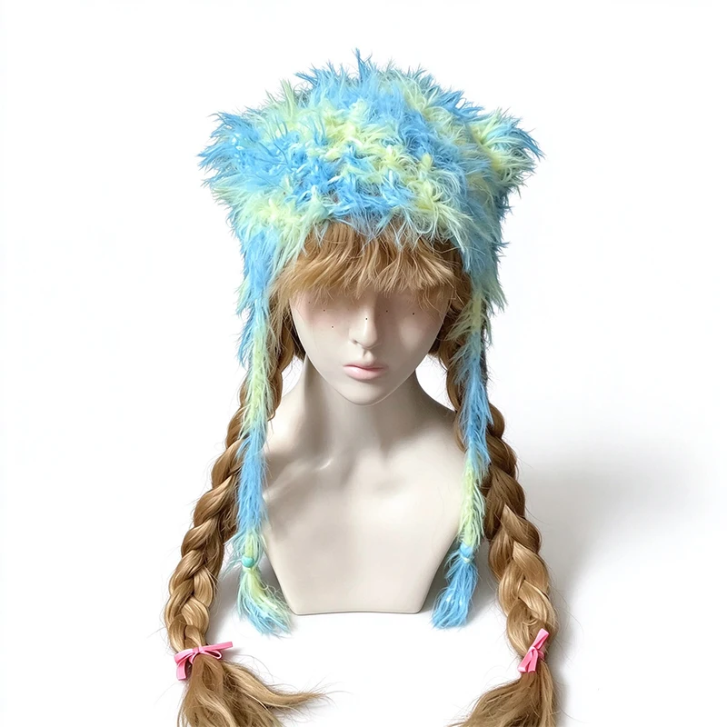 Handmade Y2K Blue Yellow Fluffy Openwork Cat Ear Hat Women Custom Crochet Hollow Knitted Beanie Men Casual Party Skullies Cap