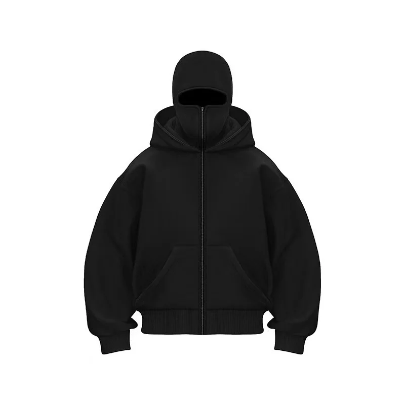 Unisex Y2K Gothic Harajuku Balaclava Winter Warm Double Hooded Sweatshirt Hooded Mask Zipper Sports Jacket for Men And Women view 5