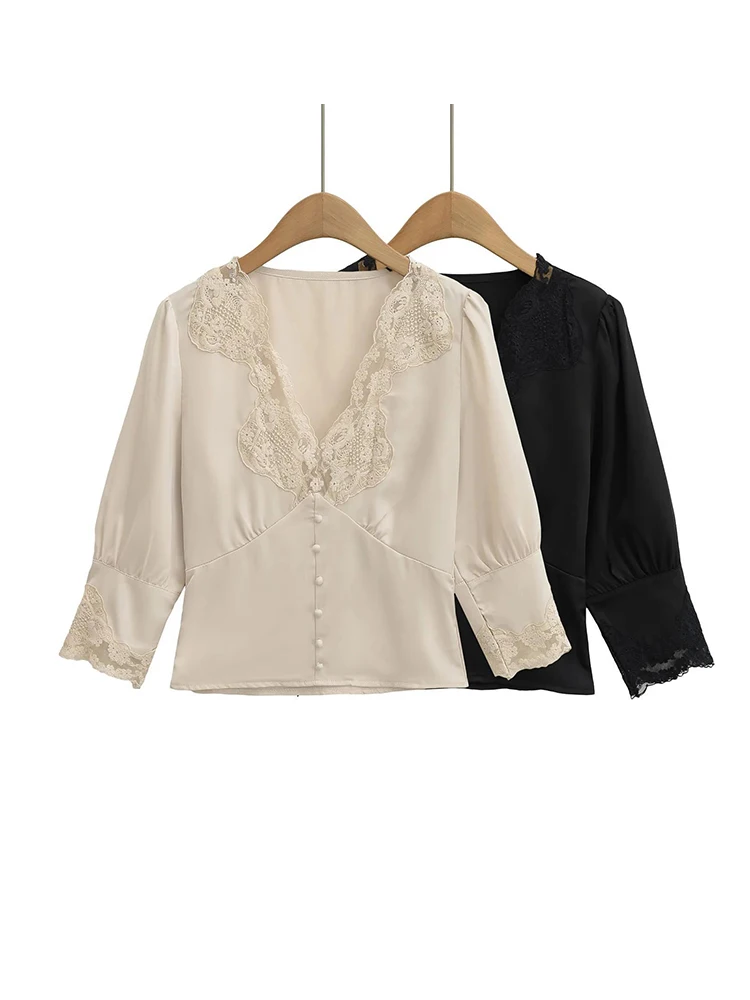 

Women V-neck Lace Satin Blouses Summer Sexy Slim Tops Shirts