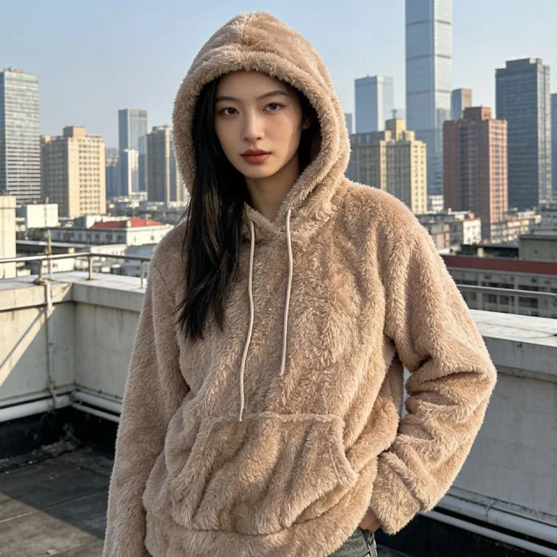 Autumn Winter Faux Fur Hoodies for Woman Thicken Warm Plush Hood Sweatshirt Simple Versatile Double Pockets Fluffy Pullover Coat