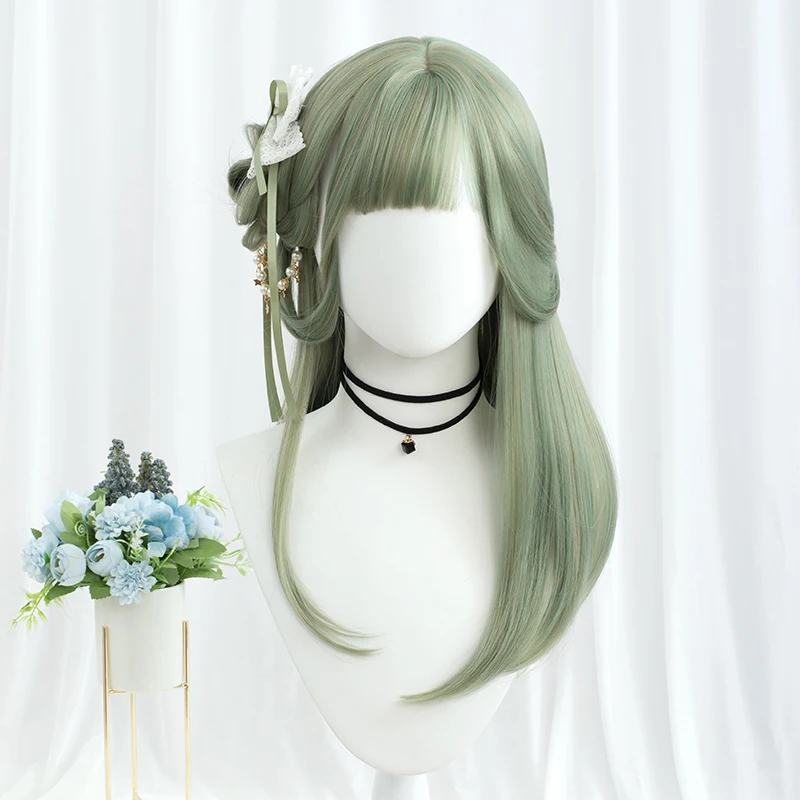 MSIWIGS Long Green Straight with Bangs Synthetic Wigs for Women\'s Lolita Fake Hair Cosplay Hairpiece