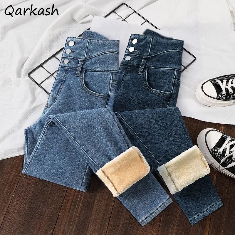 

Chic Velvet Thick Jeans Women Autumn Winter Warm High Waist Buttons Skinny Pencil Coldproof Ulzzang All-match Female Streetwear