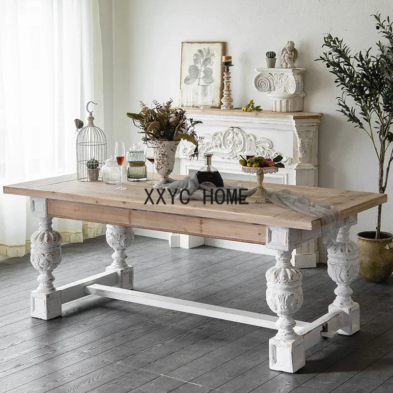 Carved Household Rectangular Table Living Room White Roman Column Dining Table American Style