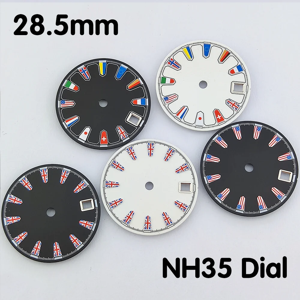 

Циферблат NH35, 28,5 мм, циферблат с национальным флагом, сине-зеленый светящийся циферблат, запасные части для часов, аксессуары для замены, циферблат для часов NH35