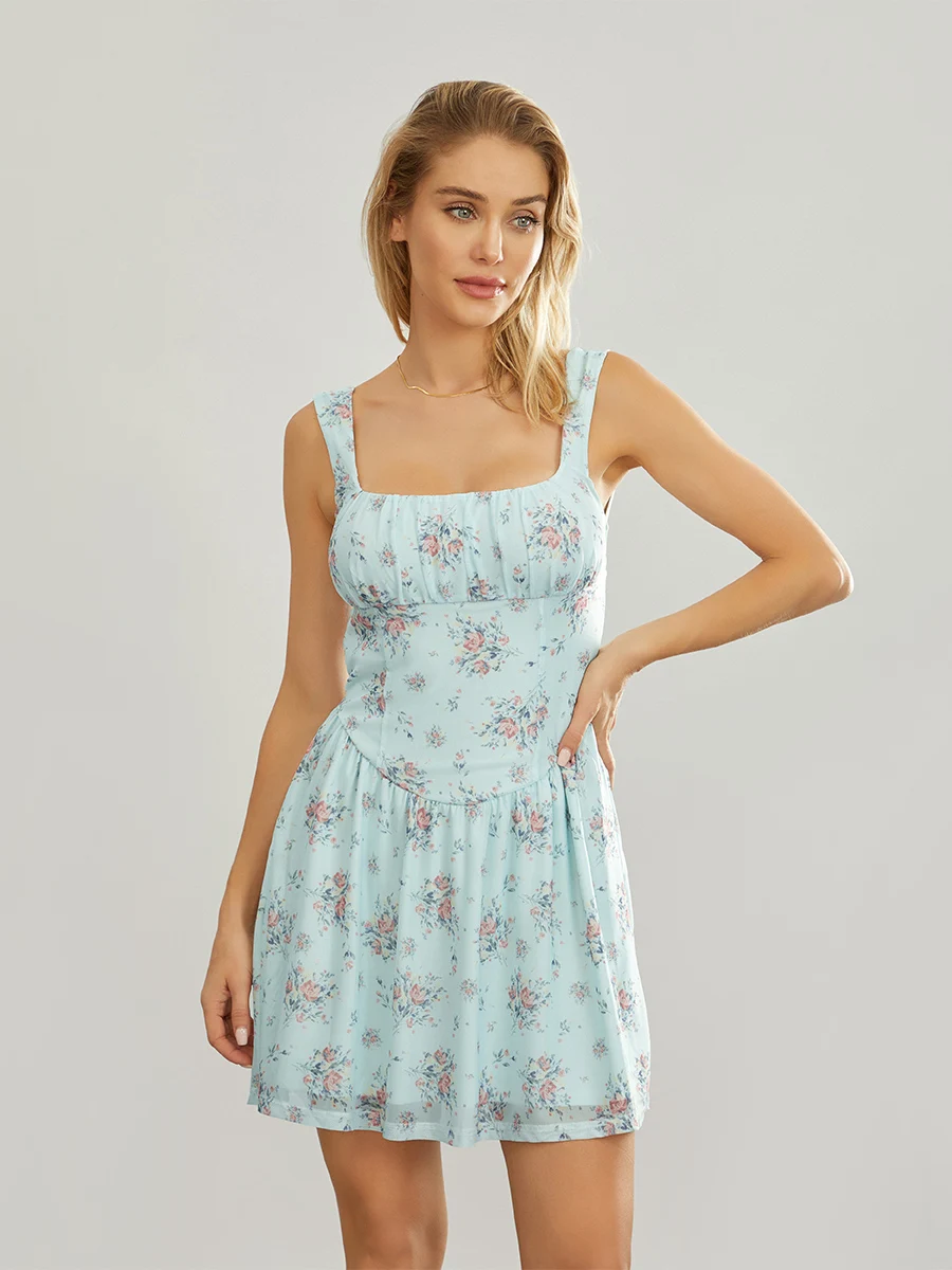 Vestido floral estampado em linha A feminino, mini-vestido sem mangas, decote quadrado, verão