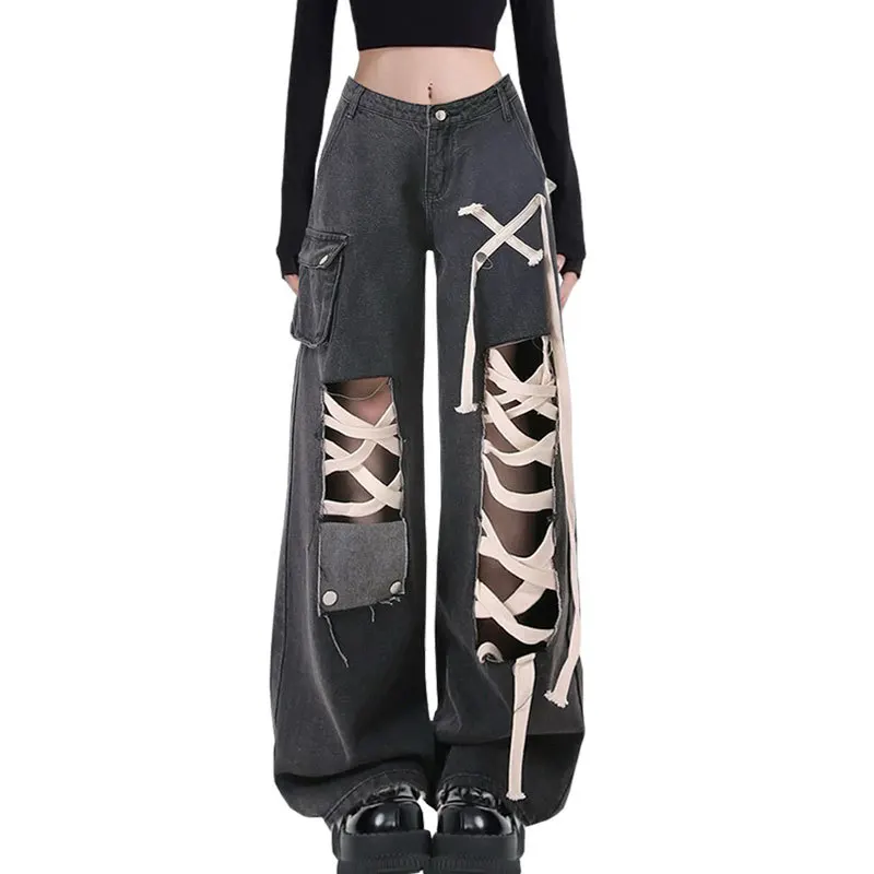 Punk Style Strap Ripped Jeans For Women Spring Summer American Casual Fashion Loose Streetwear Black Splicing Denim Pants