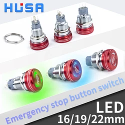 16mm 19mm 22mm metal interruptor de botão de parada de emergência de aço inoxidável à prova dwaterproof água cogumelo cabeça rotação reset antiderrapante com luzes