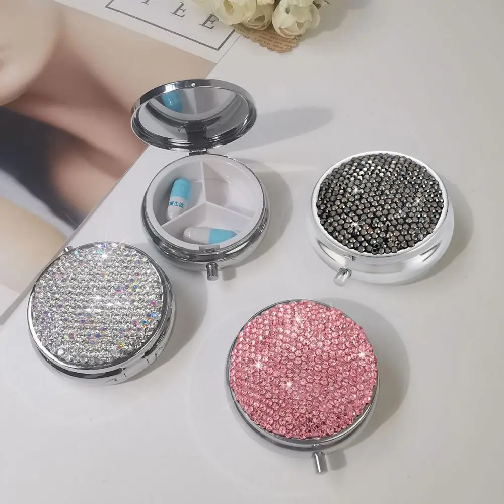 5.5cm 3 Compartments Sparkling Rhinestone Pill Case Waterproof Organizer Outdoor Pill Box Medicine Bling Crystal Storage Box