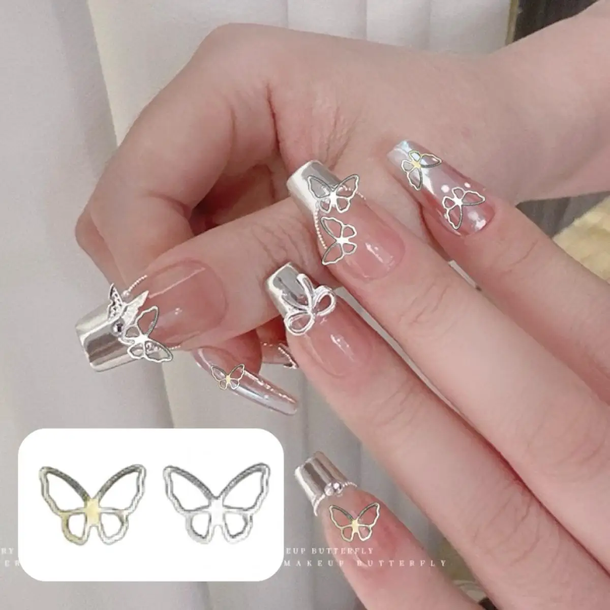60 pçs novo criativo fino borboleta prego encantos luz luxo oco borboleta decorações da arte do prego diy estilo francês peças de unhas