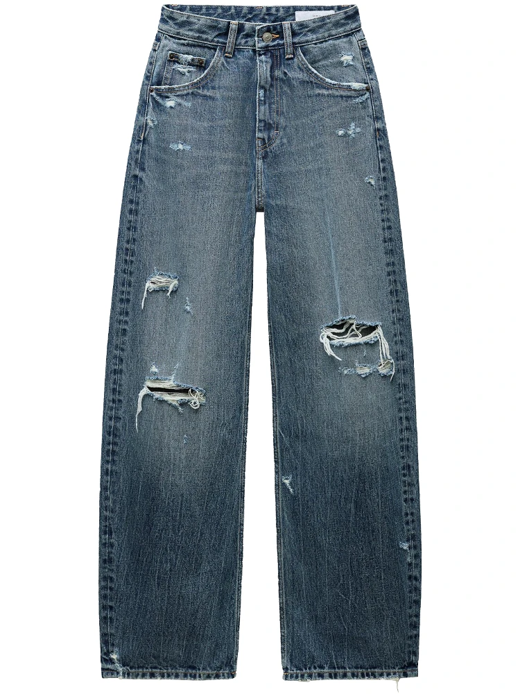 ZAPRHA 2025 Nowe Modne Jeansy Damskie z Wysokim Stanem i Szerokimi Nogawkami, Luźne, Krój Arc ape, Długie Spodnie, Kolor Niebieski, Sezon Letni