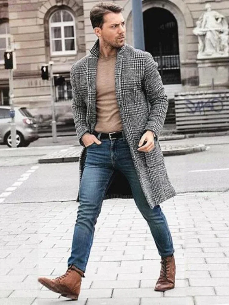 2025Luxury Brands Tweed Coat Men Autumn Winter Long Sleeve Trench Coat Plaid Vintage Slim Mid-length Windbreaker Outerwear