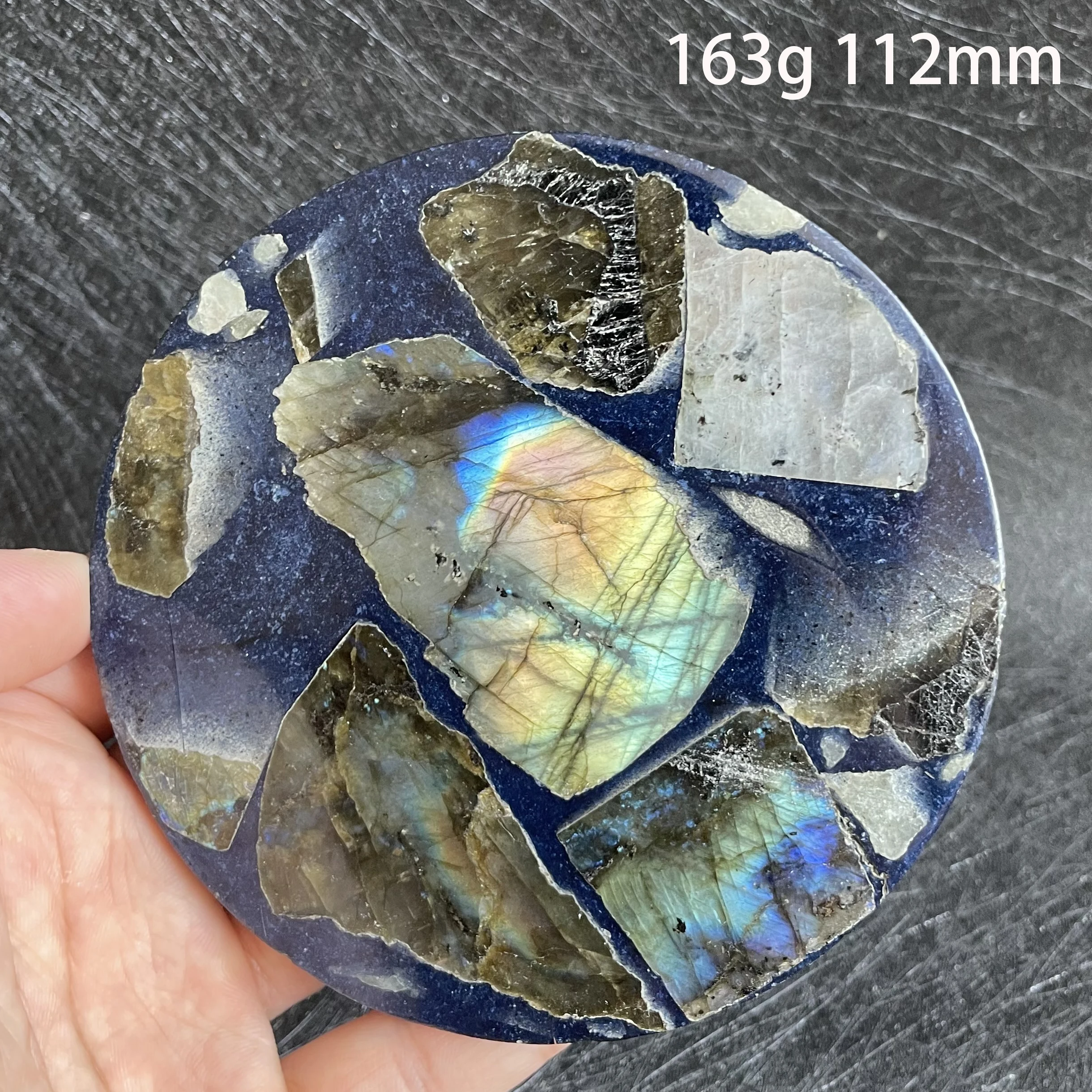 Natural Crystal Splicing Round Blue Labradorite Stone Slice Polished Rock Slab Decoration Stone Dish Healing Reiki