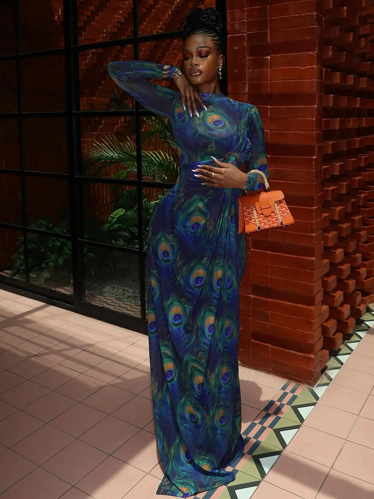 Cutenew Trend Mesh Dress Women Elegant Peacock Print Bandage Ring Decoration Ruched New Prom Party Stretch Slim Maxi Bodycon