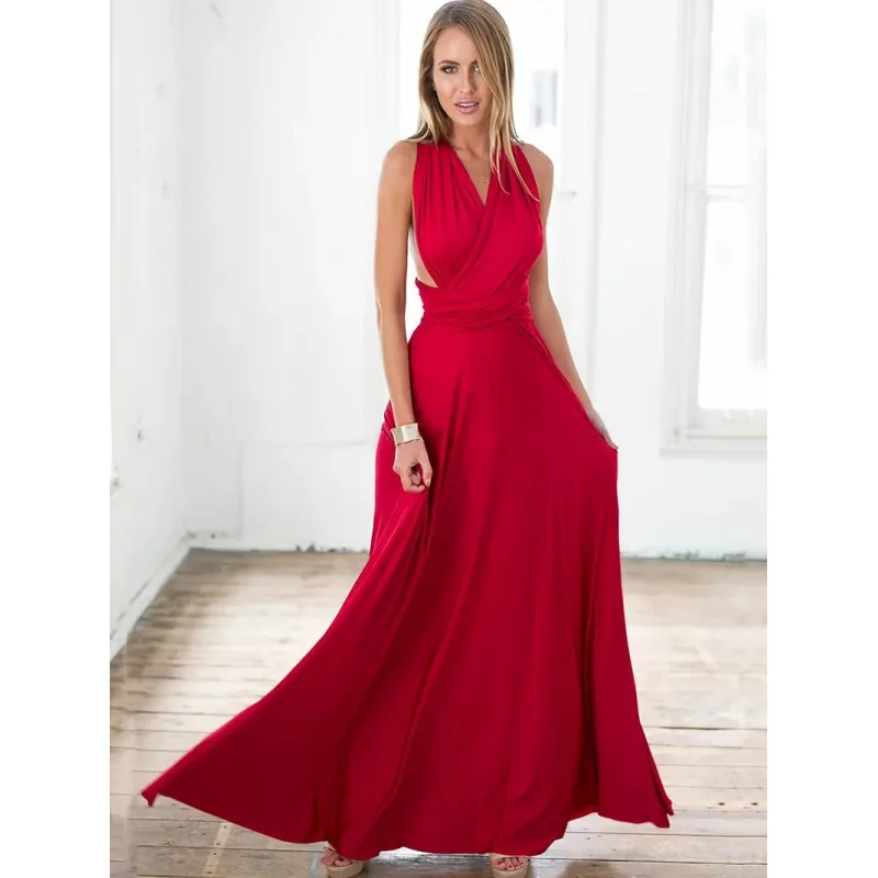 

insWomen's Summer New Style Multiple Tie Long Dress Halter Red Strap Dress