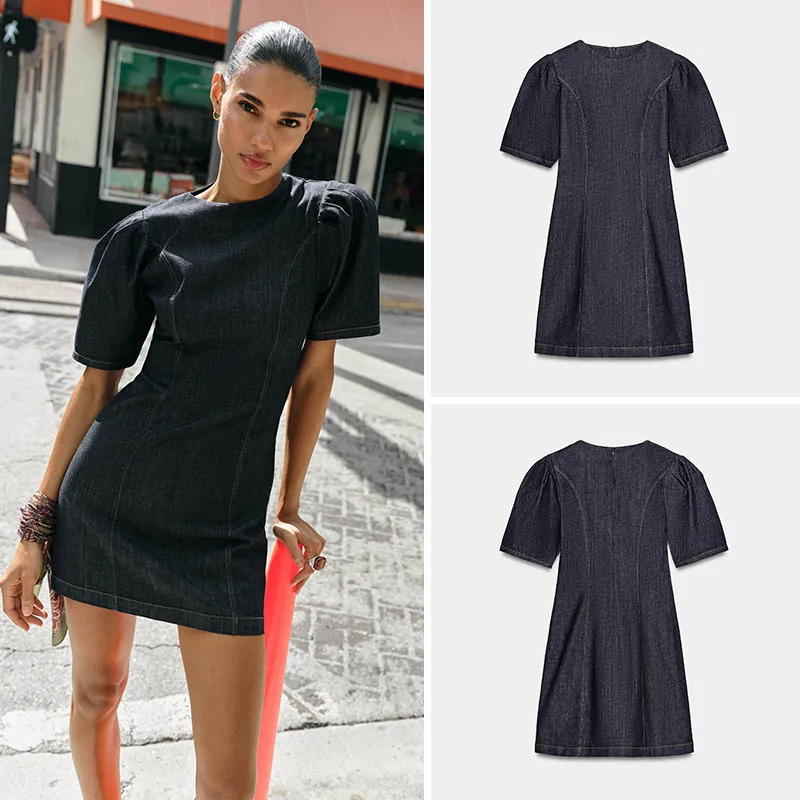 

Spring New Women's Slim Fit round Ne ort Sve Denim Dr Faionable Casual Sle for Young Ladies 8-25 Years Old