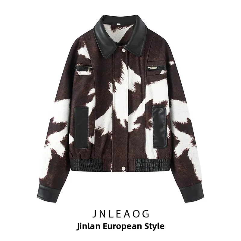

JNLEAOG Street Style Short PU Leather Jacket Women's Fashion Design Cow Pattern Autumn New Arrival Ladies' Compact Coat