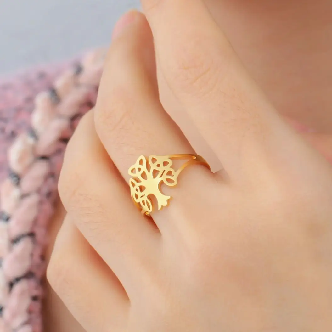 LIKGREAT سلتيك شجرة الحياة حلقة مفتوحة للنساء فتاة الفولاذ المقاوم للصدأ قابل للتعديل خواتم الأيرلندية محظوظ مجوهرات هدية للذكرى السنوية 2025