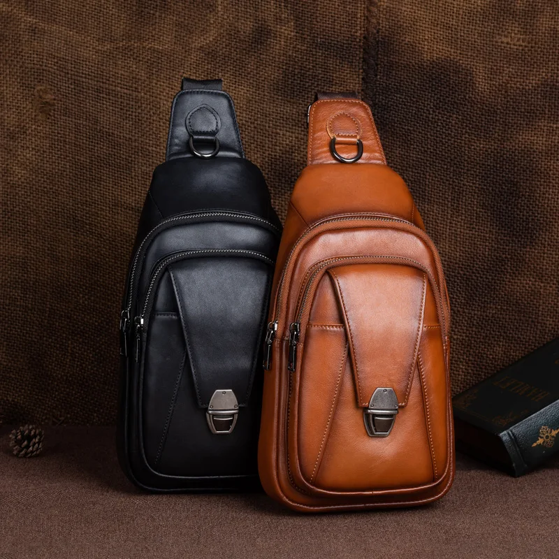 

Men's crossbody bag, genuine leather chest bag, multi-pocket high-end travel lock anti-theft single-shoulder bag
