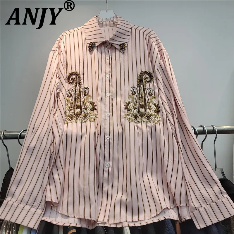 

ANJY 2026, весенняя новая женская европейская модная элегантная полосатая рубашка с длинным рукавом, шикарная универсальная повседневная рубашка с вышивкой A18211