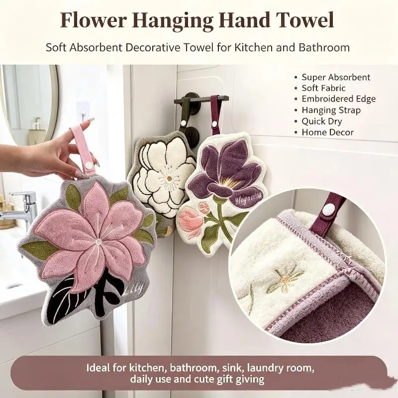 Coral Fleece Hand Towels Creative Lily Begonia Flower Embroidery Towel Kitchen Bathroom Hanging Wash Hand Towel Soft Absorbent