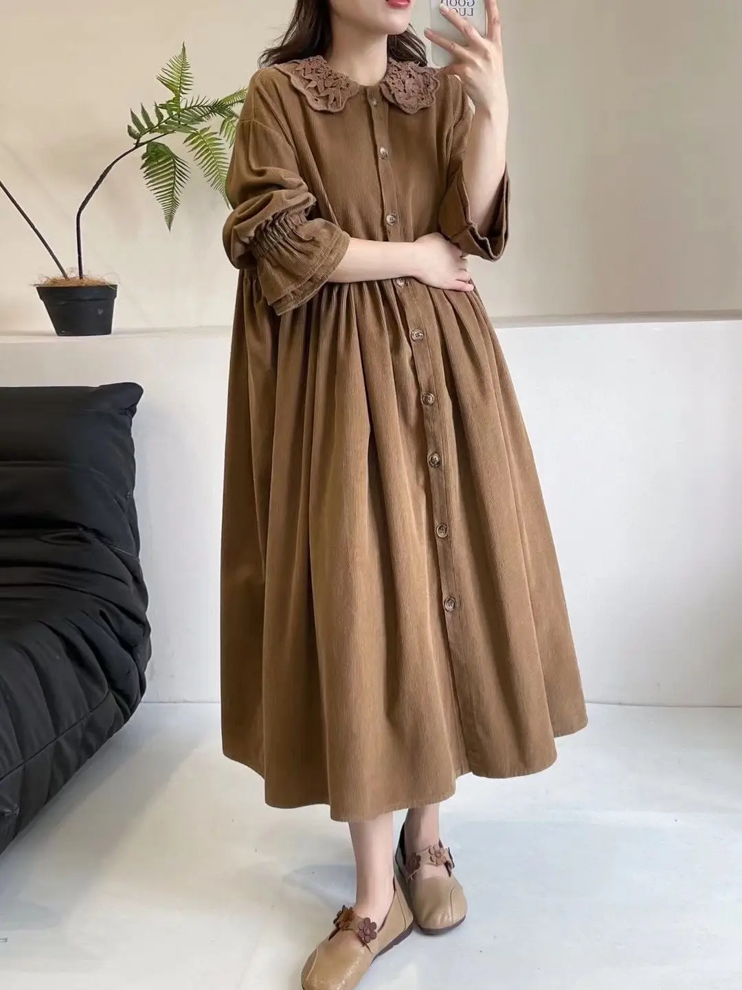 Sukienki zimowe plus size 5XL dla kobiet, elegancka sukienka z kołnierzykiem Piotrusia Pana, długi rękaw, luźna, oversize, dla kobiet o wadze do 140 kg.