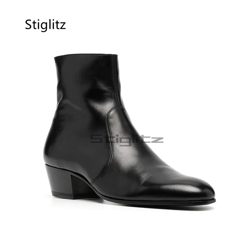 Black Genuine Leather Ankle Boots for Men Pointed Toe Chelsea Boots British Style Med Heel Business Dress Wedding Male Shoes