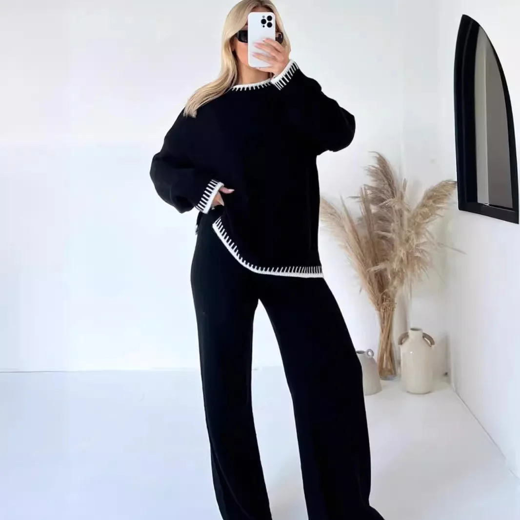 2024 autumn winter Women\'s Set suit New black long sleeve striped Knit Sweater swearshirt + Elastic waist Slim Wide leg pant XXL