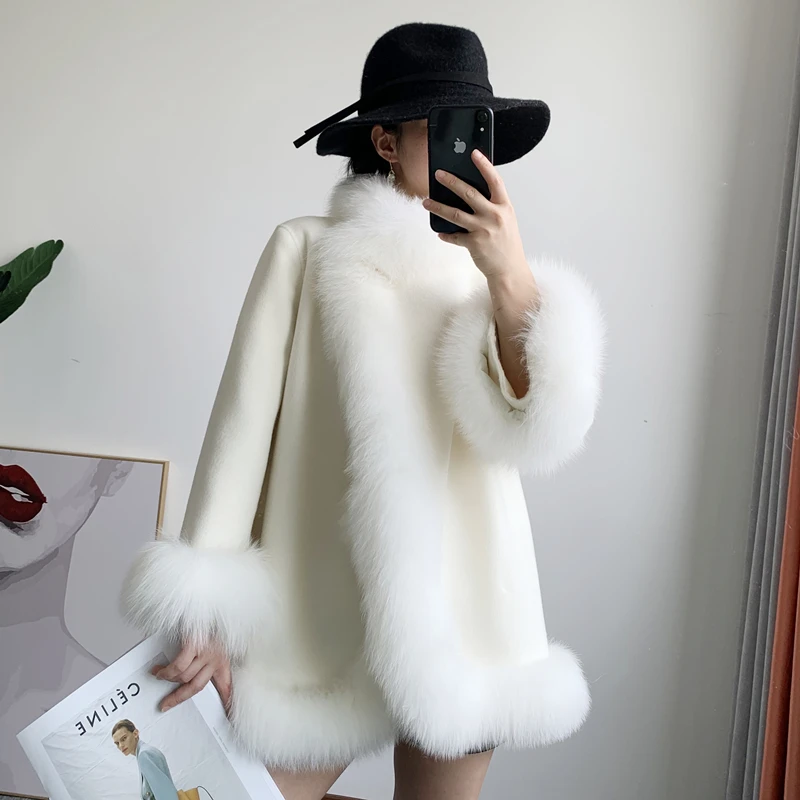 

2024 New korean design real fox fur cape coats outerwear vintage classic poncho natural fox fur coats