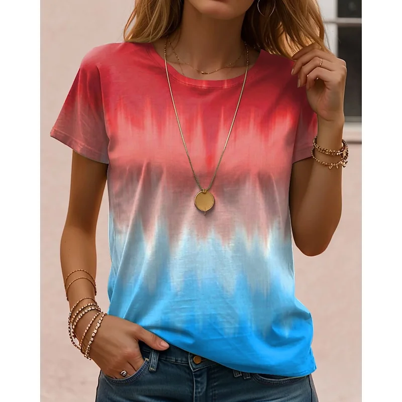 T-shirt da donna con stampa sfumata di colore moda Casual o-collo manica corta Tee Street Trend Harajuku camicetta allentata estiva superiore femminile