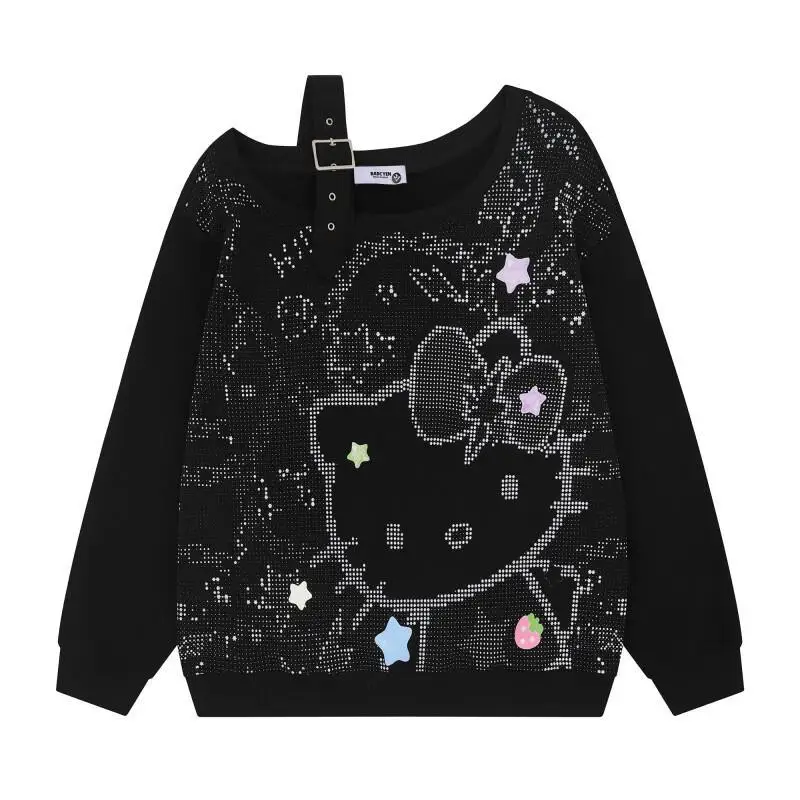 Sanrio hello kitty impresso fora do ombro manga comprida moletom solto outono topo kawaii anime moda casual moletom, conjuntos