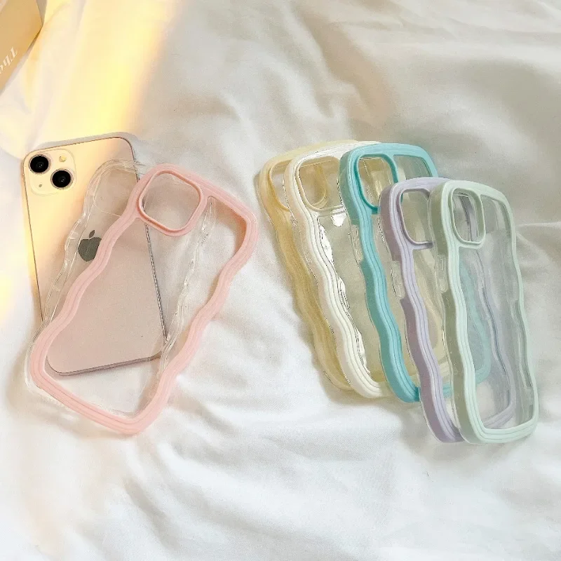 Fashion Transparent Curly Wave Case For iPhone 16 11 12 13 14 15 Pro Max 7 8 Plus XR XS Shockproof Bumper Cover Capa Aesthetic