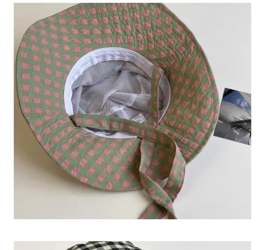 Ins Blogger Retro Plaid Tie Strap Eimer Hut Frauen Sommer Reise Vielseitig Fischer Hut Mädchen Mode Beliebte Breite Krempe Sonne Kappe – Detail 22