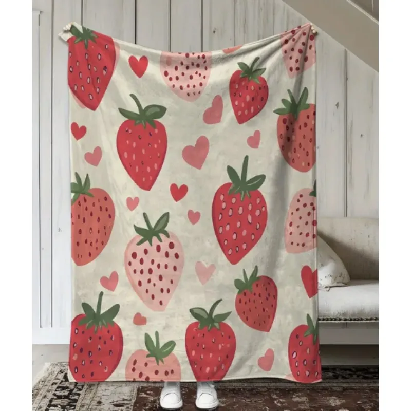 Selimut vintage dengan motif stroberi dan hati, selimut untuk sofa, tempat tidur, berkemah di mobil, kantor, dekorasi rumah
