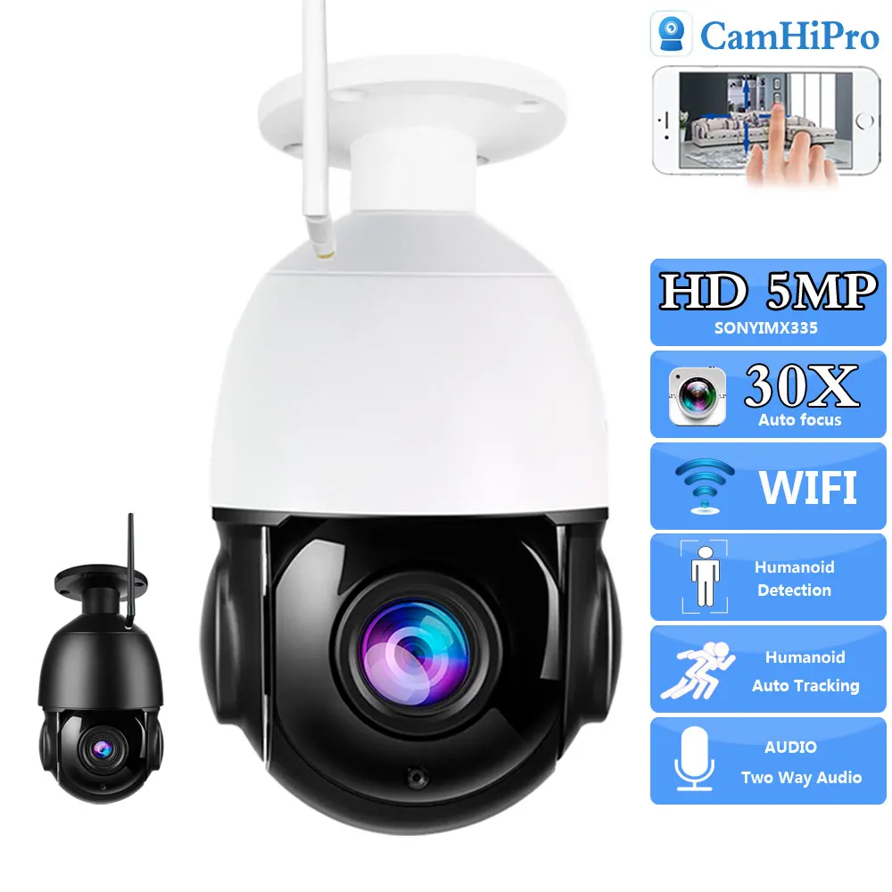 HD 5MP Wireless Security IP Camera Wifi 30X Auto Zoom PTZ Dome Two Way Audio Human Tracking IR 80m Night Version Pendant Bracket