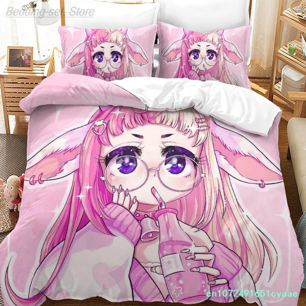Kawaii Aesthetic Girl Art Strawberry Bedding Set Single Twin Full Queen King Size Bed Set Aldult Kid Bedroom 3D three-piece Set