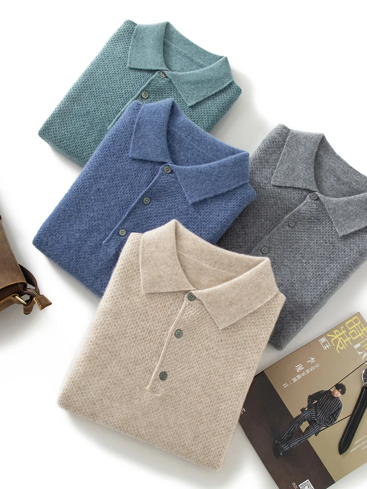 High Quality Men Fall Winter 100% Cashmere Sweater POLO Neck Honeycomb Pullovers Smart Casual Cashmere Knitwear Warm Shirt Tops